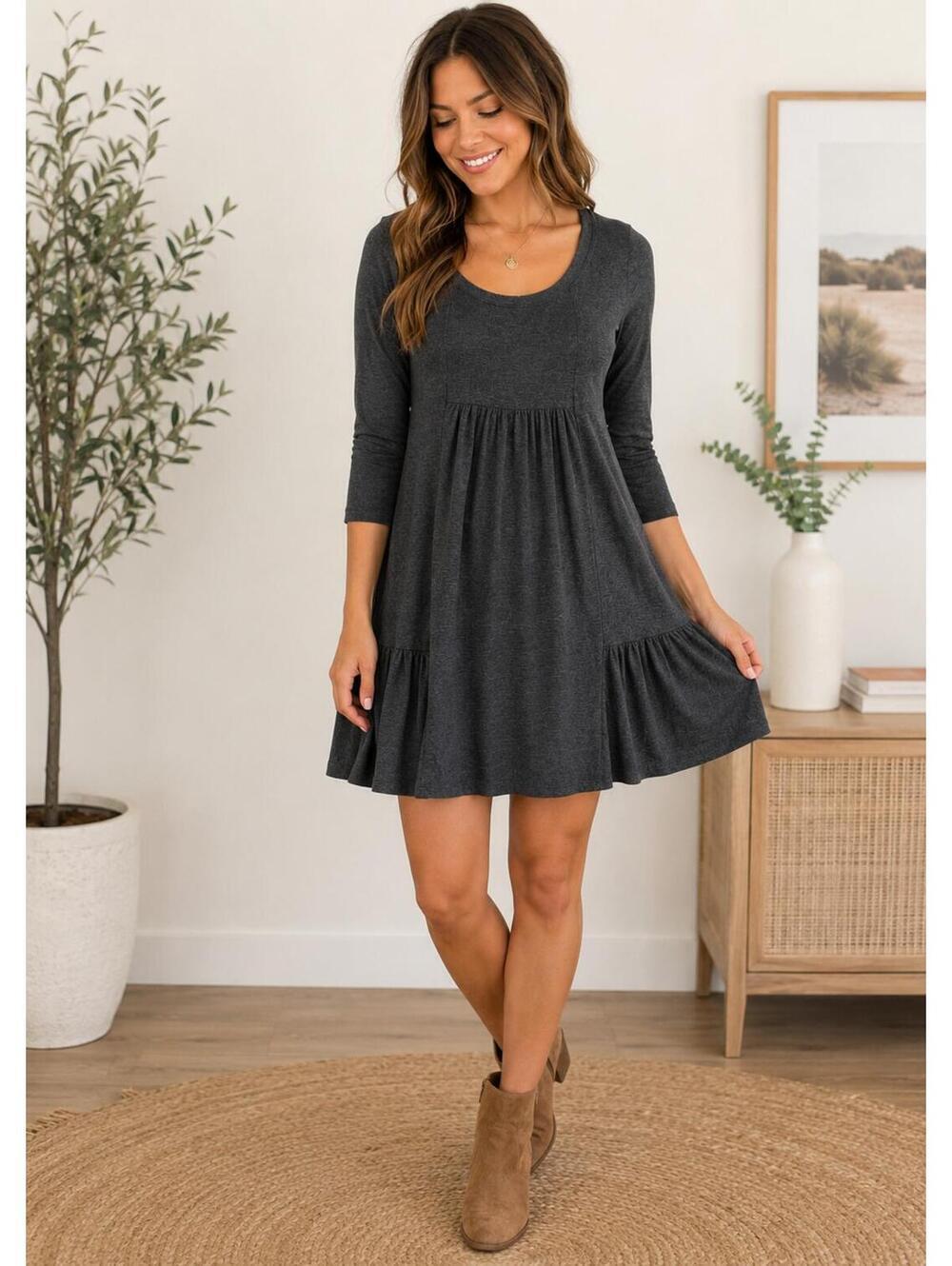 Lucky Brand Women's Dark Gray Babydoll Dress 3/4 Sleeve Cotton Blend Size Medium